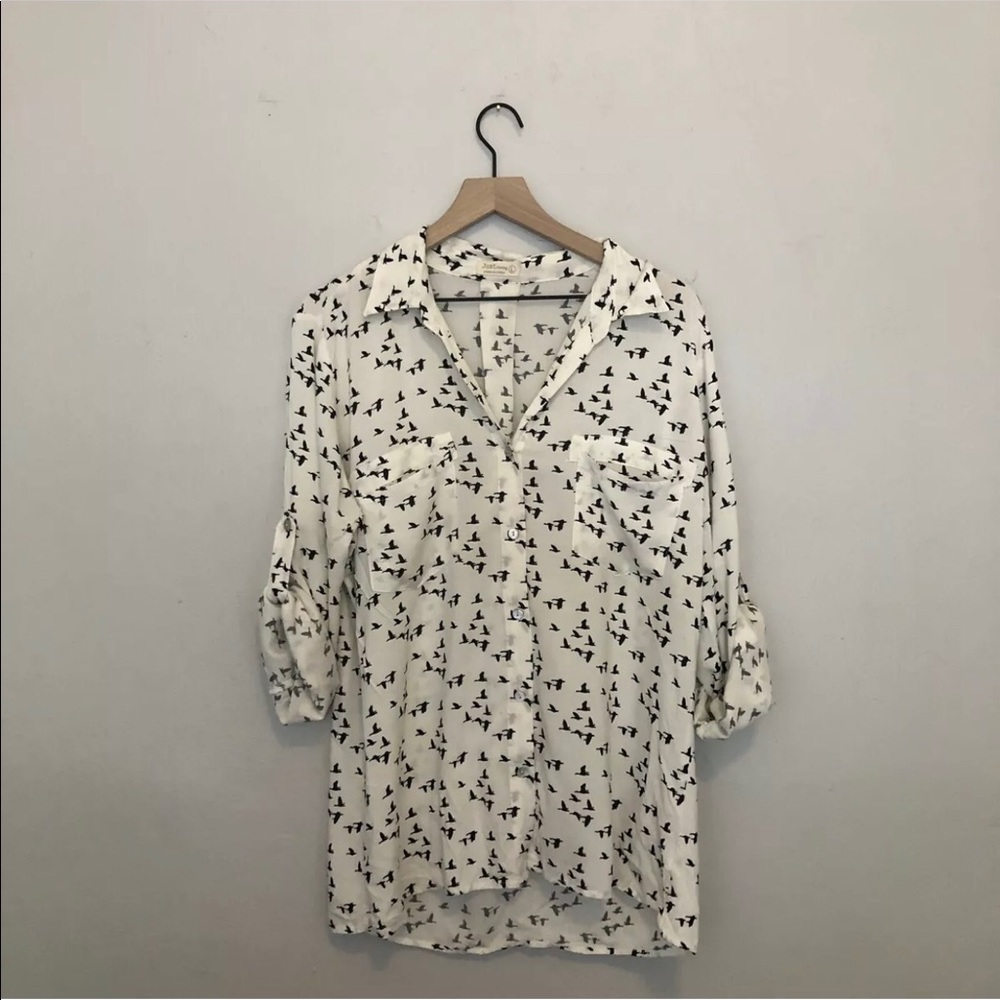 Just Living White Button Up Blouse w Black Birds